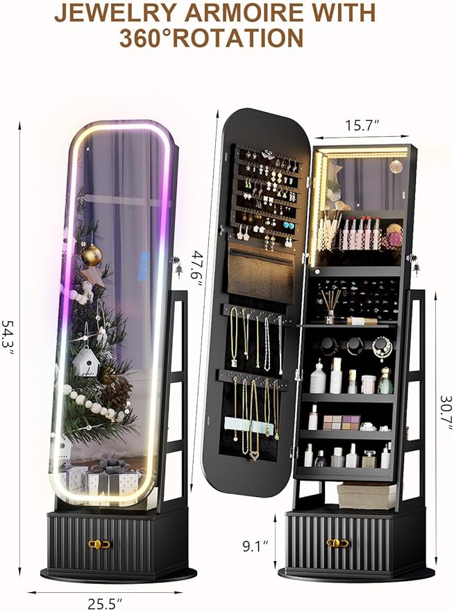 360° Swivel Jewelry Cabinet with Lights - RGB Vanity Mirror | Rotatable Full Length Mirror with Jewelry Storage, Standing Jewelry Armoire Organizer, Foldable Makeup Shelf, White (Black 052)