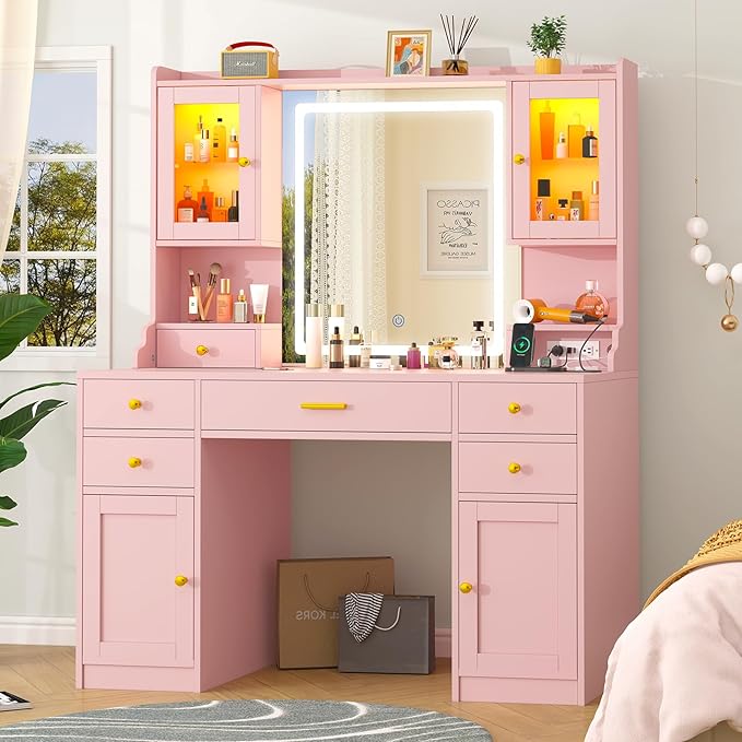 CSZZD Vanity Desk with LED Lighted Mirror, 41.3" Makeup Vanity Table with Power Outlet and 6 Drawers & Storage Shelves for Bedroom, Dressing Table with RGB Cabinets, Pink