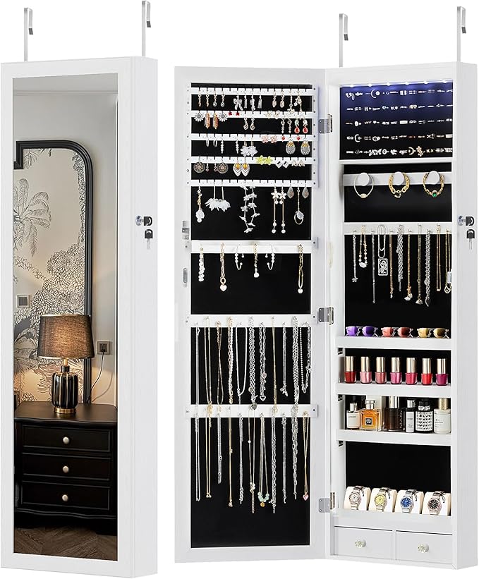 DUMOS 6 LEDs Mirror Jewelry Cabinet, Wall or Door Mounted Jewelry Organizer, 47.2-Inch Tall Lockable Large Capacity Cosmetic Storage, Gift Idea, White
