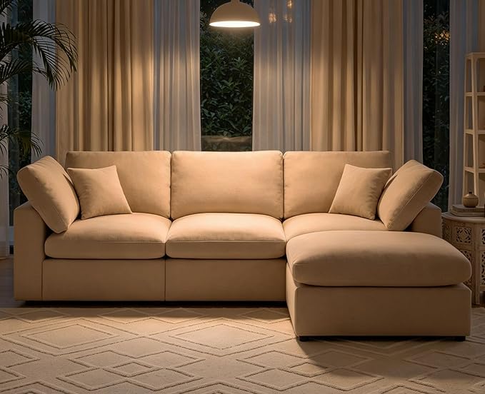 Modular Cloud Sectional Couches for Living Room, Oversized Modular Sectional Sofa with Ottoman, L Shaped 3 Seater Couch with Pillow, Light Camel