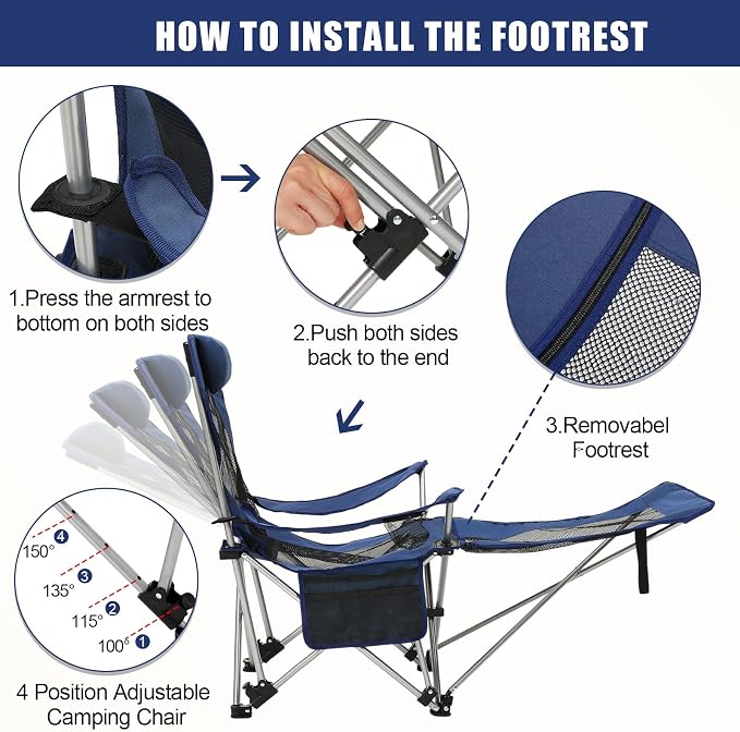 Colingmill 2 Pcs 2 in 1 Reclining Camping Chair with Footrest for Adults Folding Lounger Mesh Beach Chair Adjustable Backrest Lightweight Lawn Chairs for Camping Tailgates Outdoor Beach(Navy Blue)
