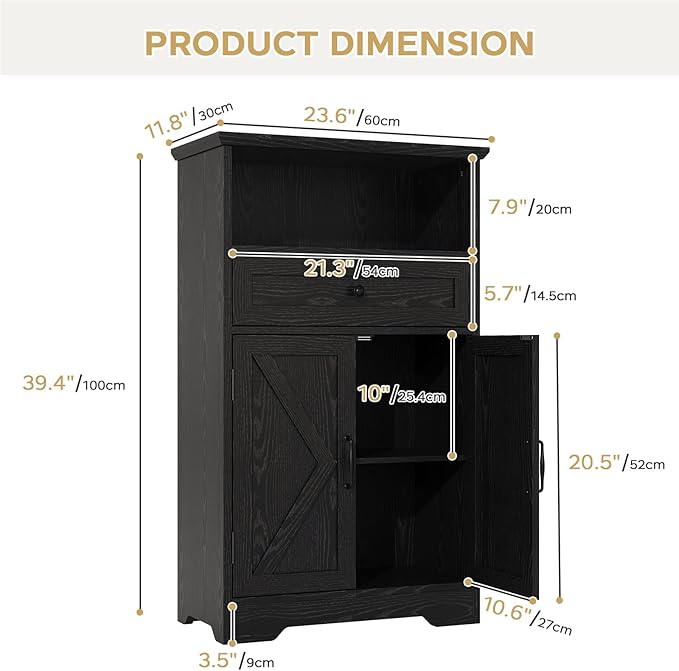Floor Cabinet, Farmhouse Storage Cabinet with Barn Doors and Drawer, Freestanding Adjustable Shelf Organizer for Bathroom, Kitchen, Living Room Black