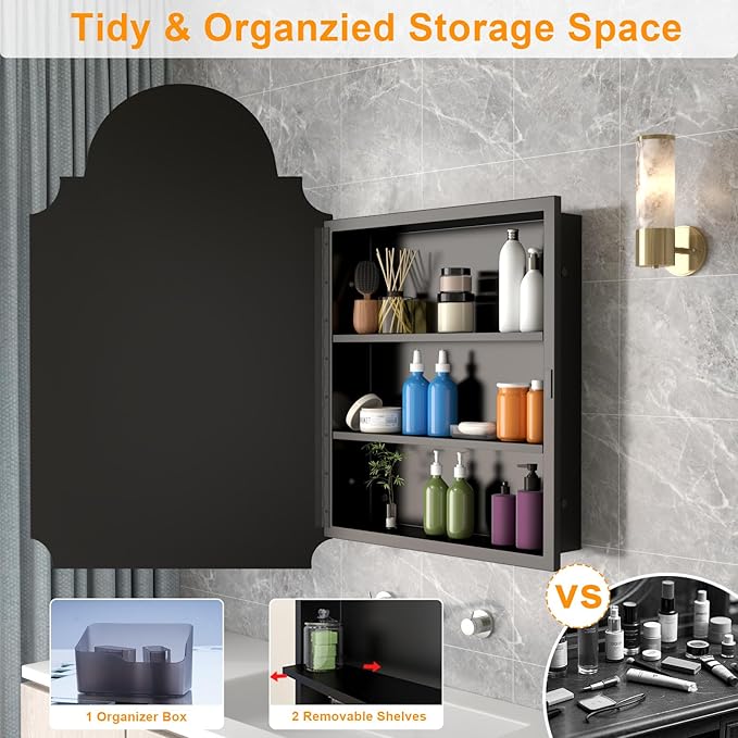 Black Decorative Medicine Cabinet Mirror, 20"x32" Recessed or Surface Mount Metal Irregular Medicine Cabinet for Bathroom, Elegant Curved Aesthetics Mirror with Storage, 2 Stable & Removable Shelves