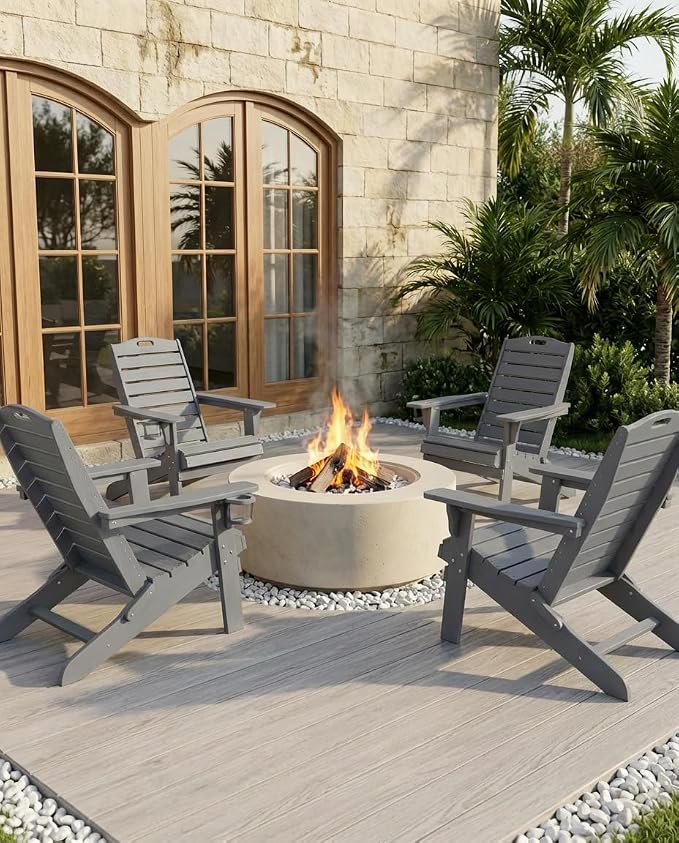 Adjustable Adirondack Chairs Set of 4 with Retractable Ottoman, HDPE Folding Adirondack Chair with Cup Holders, Weather Resistant for Backyard, Poolside & Fire Pit (Grey)