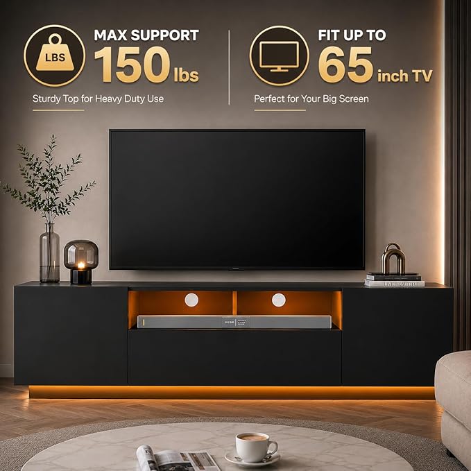 WLIVE LED TV Stand for 55/60/65 Inch TVs, Modern Entertainment Center with Storage Cabinets and Drawer, Gaming Media TV Console with RGB Lights for Living Room, Black