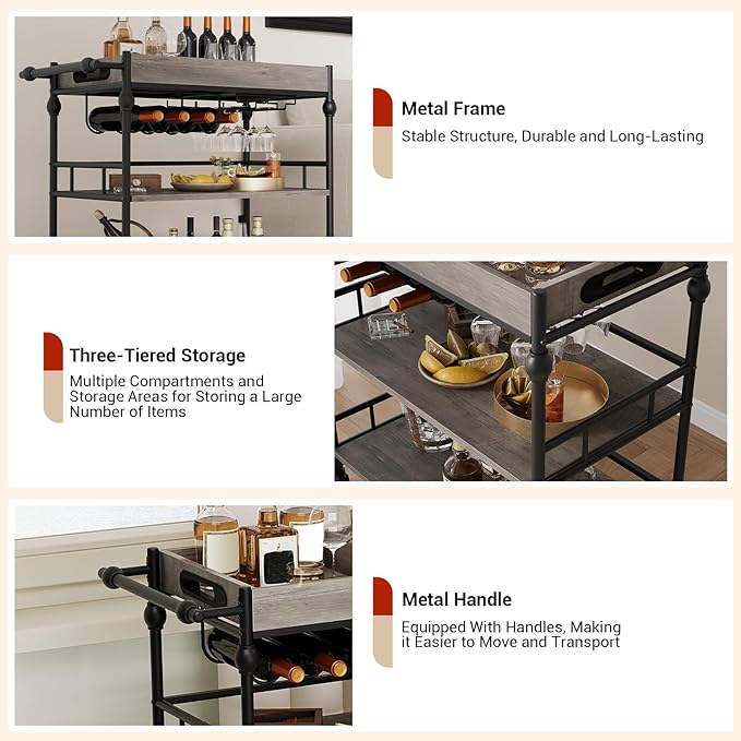 3-Tier Bar Cart with Wheels, Mobile Rolling Beverage Cart with Wine Rack, Glass Holder & Removable Top Tray, Serving Cart, Retro Trolley for Kitchen, Dining Room, Living Room, 35.4" x 15.7" x 34.1"