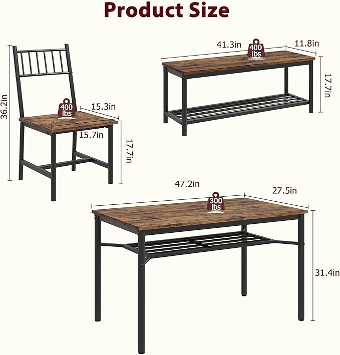 Garvee Dining Table Set for 4 with Bench and Chairs, 4-Piece Kitchen Table Set with Storage – Space-Saving Dining Table for Apartments and Dining Rooms, Brown
