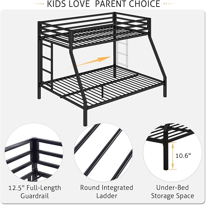 SHA CERLIN Loft Bunk Bed Twin Over Full Size with Ladder and Guardrail,Heavy Duty Metal Slats Support No Box Spring Needed Small Space Saving Furniture for Bedroom Dorm,Black