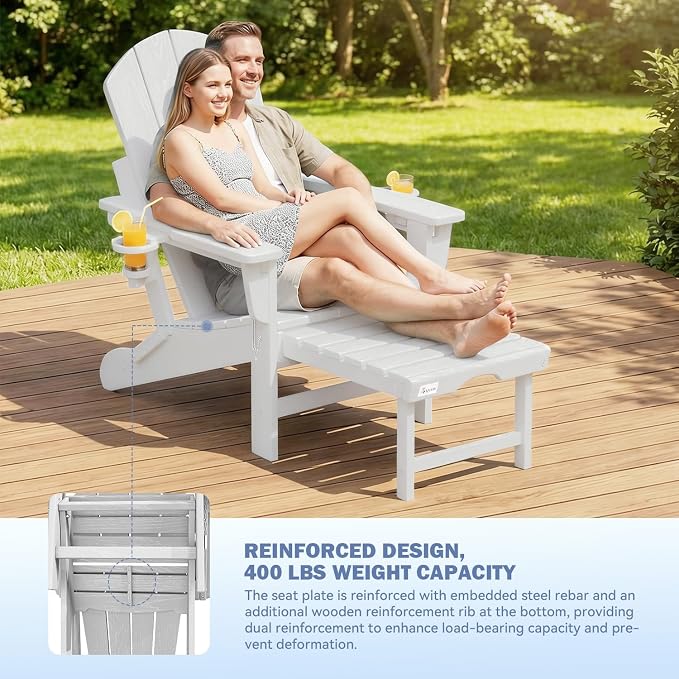 Mdeam 3-Level Adjustable Adirondack Chair with Retractable Ottoman, HDPE All-Weather Folding Fire Pit Chair with 2 Cup Holders, Outdoor Chair for Deck Patio Garden Backyard Lawn (White)