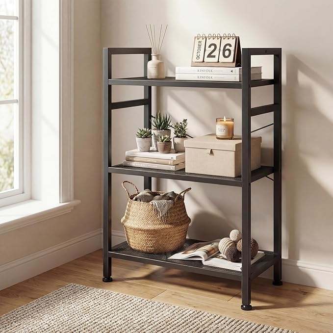DUMOS 3 Tiers Open Bookshelf, Classic Freestanding Tall Display Shelf, Multifunctional Storage Organizer Rack for Living Room Home Office, Sturdy Bookcase for CDs/Books/Movies, Black