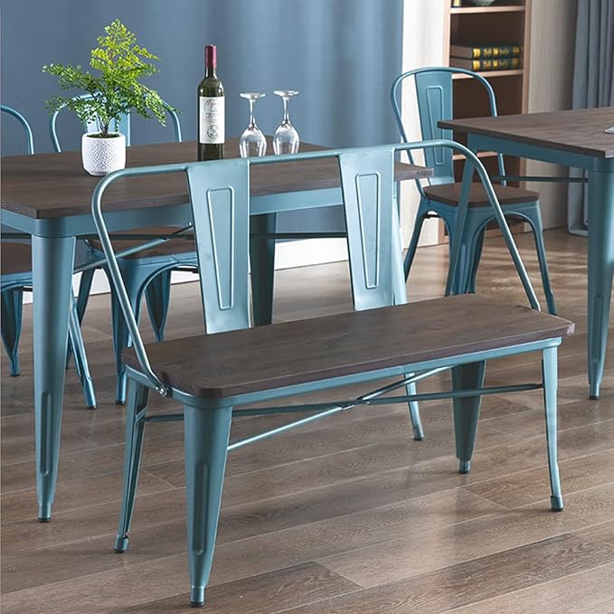 YOLENY Dining Bench, Entryway Bench with Back, Farmhouse Metal Dining Bench, Industrial Mid-Century 3 Person Rustic Spindle Bench, with Wood Seat, Removable Backrest, 42in, Blue