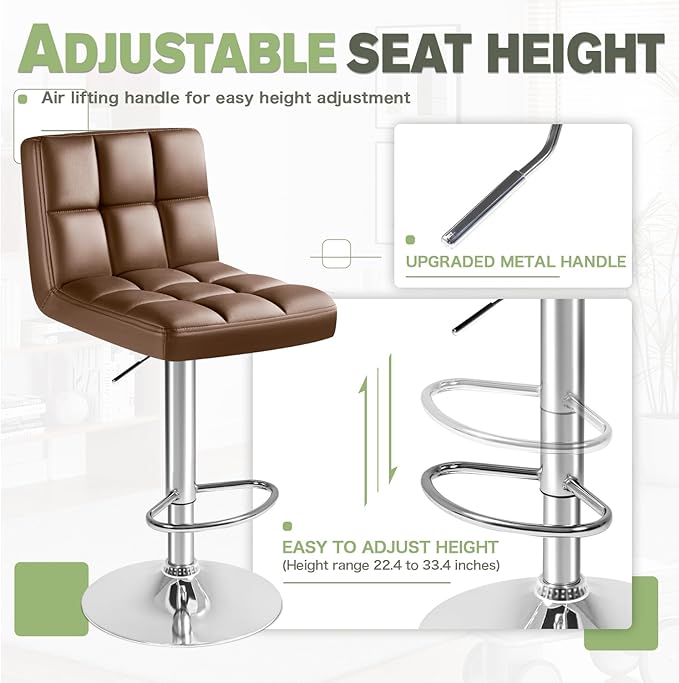 Furmax Bar Stools Modern Pu Leather Swivel Adjustable Hydraulic Bar Stool Square Counter Height Stool Set of 2 (Brown)
