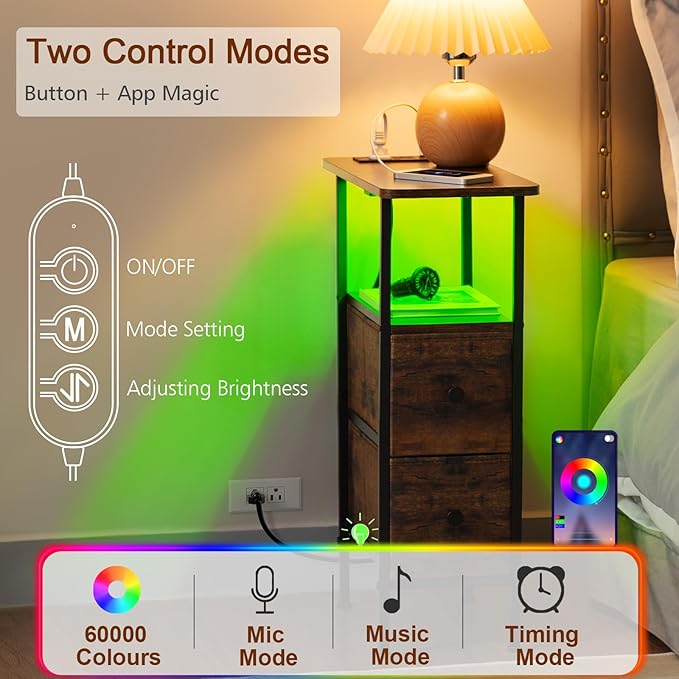 LOAKEKEL Narrow Nightstand with Charging Station, End Tables Living Room Set of 2, Skinny Side Table with Fabric Drawers, Small Sofa Table with LED Light for Bedroom, Rustic Brown, HETNDP02LPBR