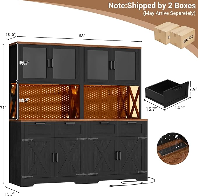 Unikito 71" Tall Kitchen Pantry Storage Cabinet with LED Light & Outlet, 63" Wide Kitchen Hutch Cabinet with Large Countertop, DIY Pegboard and Drawers, Food Pantry for Living Room,Black and Rustic