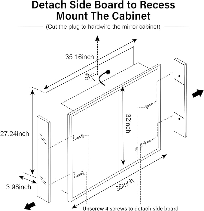 LED Medicine Cabinet with Light,36×32inch,Recess Mirror Cabinet for Bathroom,3 Color,Dimmable,Demister,Detachable Side Plate,Recess Mount or Surface Mount