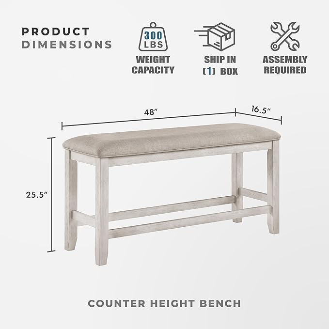 Lexicon Counter Height Dining Bench with Padded Seat and Wooden Frame, Entryway Bench, Light Gray Textured Fabric Upholstered Dining Seat for Kitchen/Living Room, 25.5" SH, Brushed Antique White