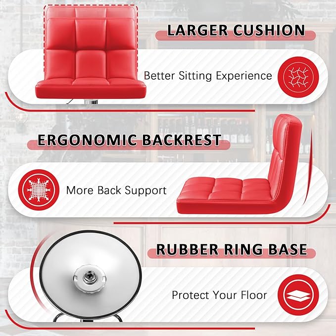 Homall Bar Stools Modern PU Leather Adjustable Swivel Barstools, Armless Hydraulic Kitchen Counter Bar Stool Extra Height Square Island Barstool with Back Set of 2 (Leather, Red)