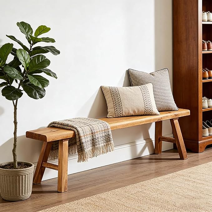 Narrow Entryway Bench Farmhouse Wood End of Bed Bench 20" 32" 39" 47" 55" 63" 71" 79" Sturdy Stable Skinny Long Benchs for Bedroom Hallway Dining Room Porch Easy to Assemble Natural Finish(63")