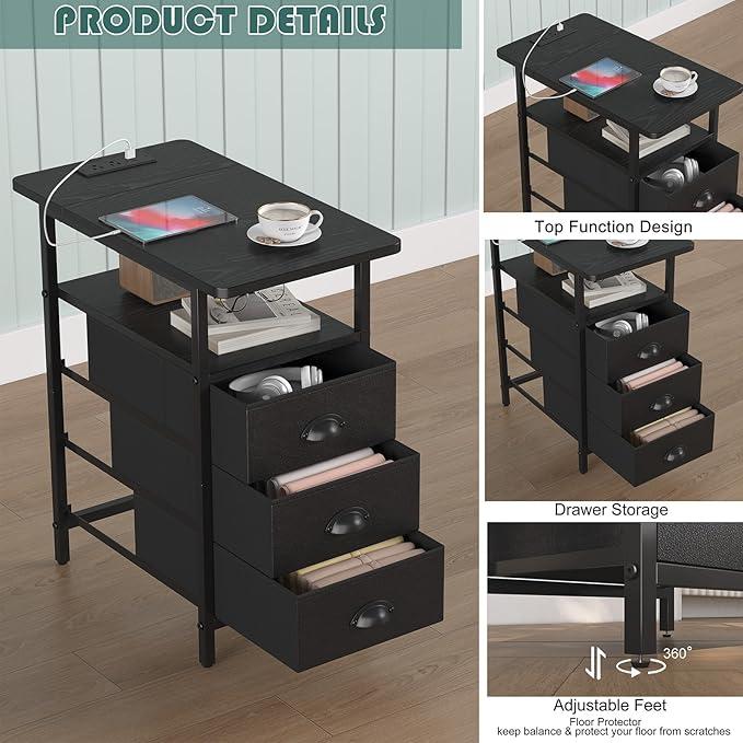 sthmec End Table with Charging Station,LED Side Tables with USB Ports and Outlets,Narrow Nightstands Bedside Tables with 3 Drawers PU Finish for Small Space,Slim Sofa Table for Livingroom,Black