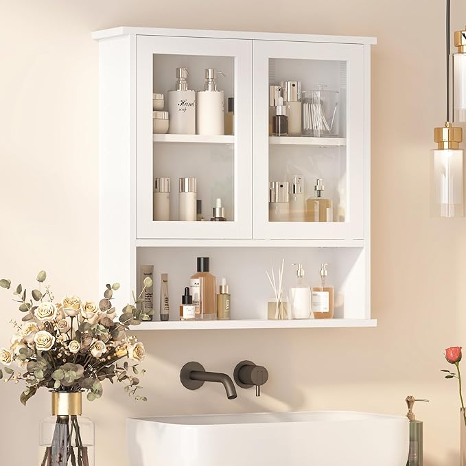 Modern Hanging Bathroom Cabinet, Sturdy Wooden Medicine Cabinet with Buffering Hinge & Anti-Scratch Door, Space-Saving Wall Mounted Over Toilet (Acrylic-Insert Panel Door)