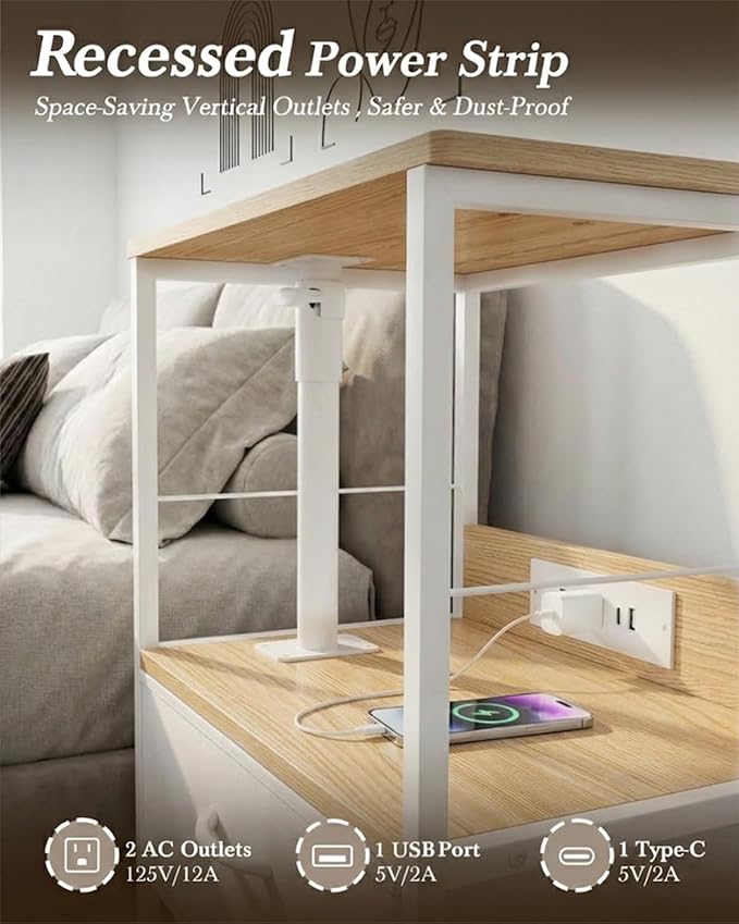 Faesun Swivel Lift Top Nightstand with Charging Station, Rolling Side Table for Recliner, Bedside Table with Wheels & 2 Fabric Drawers, for Small Spaces, for Bedroom, Living Room, Oak White