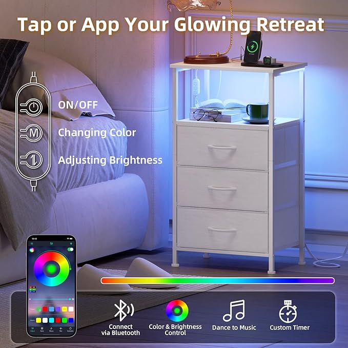 Somdot White Nightstand with Charging Station and LED Light for Bedroom, Tall 3 Drawers Dresser with Fabric Bins for Bedside Kids Dorm Room Closet Laundry Entryway, White Leather