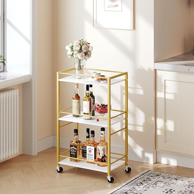 MAHANCRIS Bar Cart for The Home, 3-Tier Drink Cart on Wheels, Home Bar Serving Cart, Mini Bar Cart for Small Space, Rolling Kitchen Carts for Bar, Kitchen, Dining Room, Gold RCJW4001