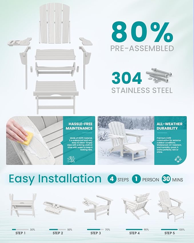 SERWALL Folding Adjustable Adirondack Chair with Footrest, HDPE Outdoor Chair with 4-in-1 Cup Holders, All Weather Adirondack Chair with Ottoman, White