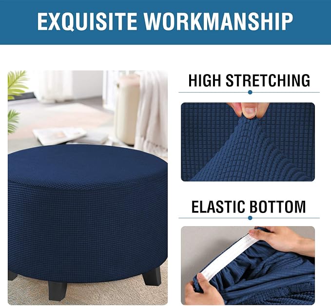 H.VERSAILTEX Ottoman Cover Stretch Ottoman Slipcover Round Ottoman Storage Cover Folding Stool Covers Furniture Protector Cover for Footrest Ottoman Fit Dia 30" - 41", Navy