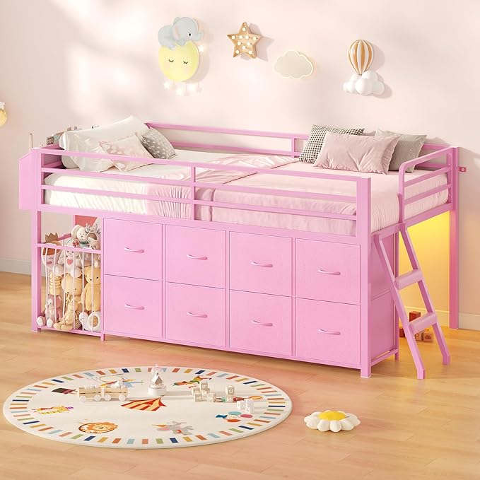 UPOSOJA Twin Size Low Loft Bed with RGB Lights & Play Zone, 8 XL Drawers, Kids Play Loft with 2-Step Ladder & Anti-Tip Kit (Pink)