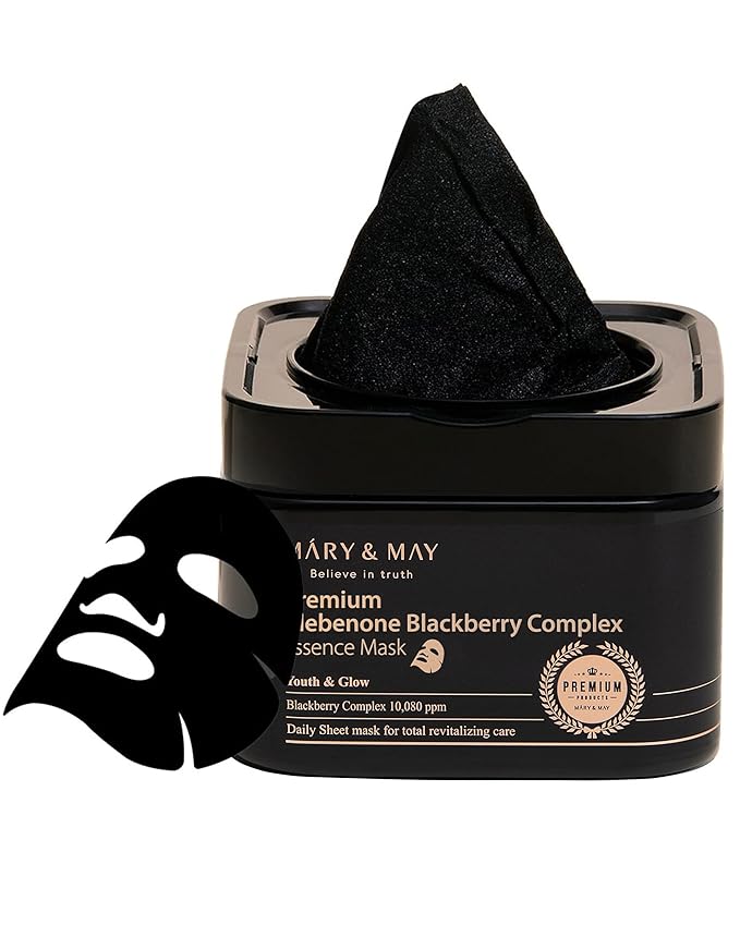 Mary&May Premium Idebenone Blackberry Complex Essence Mask (20 Sheets) – Bamboo Charcoal Sheet, Daily Pull-Out Dispenser Korean Face Mask with Vitamin C, Panthenol & Ceramide for Hydrating Radiance