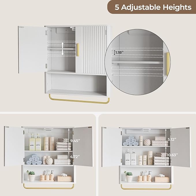 Memobarco Bathroom Wall Cabinet, Medicine Cabinet with Fluted Door & Adjustable Shelf, Over the Toilet Storage Cabinet with Towel Bar, Cabinet Wall Mount for Laundry Room & Kitchen, White