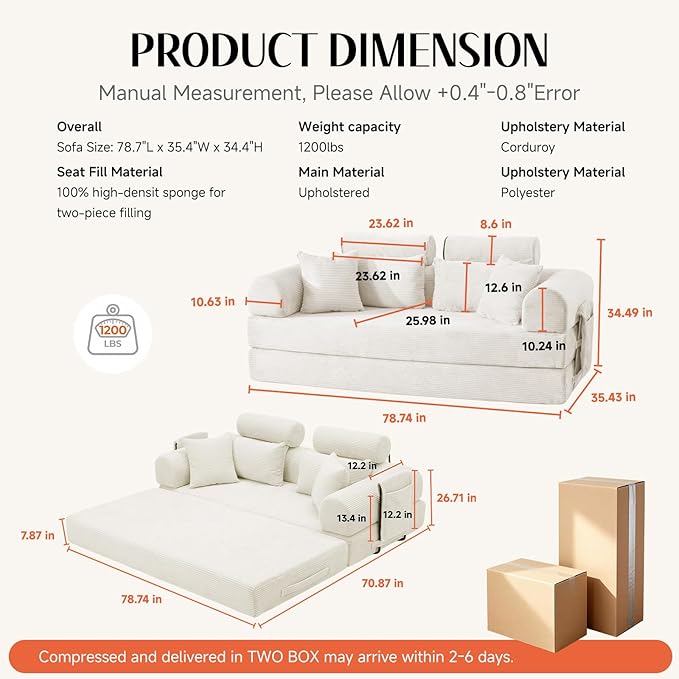 79" Convertible Boneless Couch for Small Spaces, 6-in-1 Corduroy Sofa Bed with High Backrest, Pillows, High-Density Foam Loveseat Sleeper Couch in a Box for Living Room, No Assembly, Beige