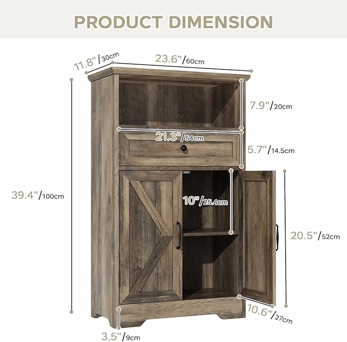 Floor Cabinet, Farmhouse Storage Cabinet with Barn Doors and Drawer, Freestanding Adjustable Shelf Organizer for Bathroom, Kitchen, Living Room Grey
