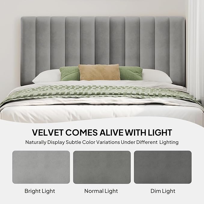Welzona Queen Size Velvet Bed Frame with 2 Storage Drawers, Fully Upholstered Metal Platform Corner Bed Frame with Vertical Tufted Headboard, 3-Level Height, Easy Assembly, No Box Spring Needed, Grey