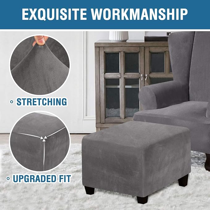 H.VERSAILTEX Square Ottoman Covers Ottoman Slipcover Square Footstool Protector Covers Storage Stool Ottoman Covers Stretch with Elastic Bottom, Feature Real Velvet Plush Fabric, Gray