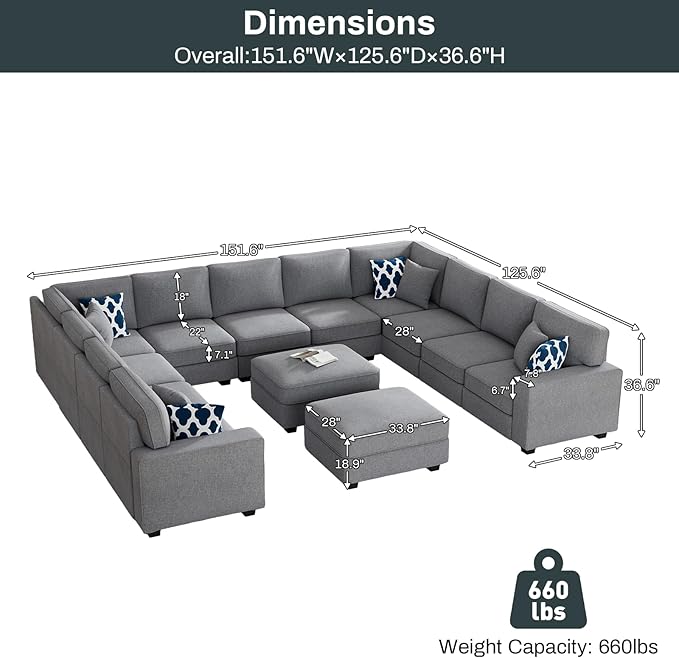 Legend Vansen Oversized Modular Sectional Sofa,U/L‑Shaped Reversible Couch with Ottoman,Deep Seat Plush Polyester Sofa for Living Room,13‑Seater,Dark Grey