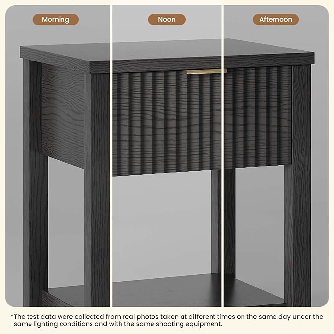 Fluted Night Stand with Golden Handle,Mid-Century Nightstands with Drawer,Modern Bedside Table with Storage Shelf,Large Wood End Tables for Livingroom,Bed Side Tables for Bedroom,Black