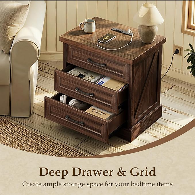 AODK 24 Inch Farmhouse Nightstands with Charging Station, Wide Bedside Tables with Three Drawers, Bed Side Table with Storage, End Tables with Outlet and USB for Bedroom, Living Room, Dark Walnut