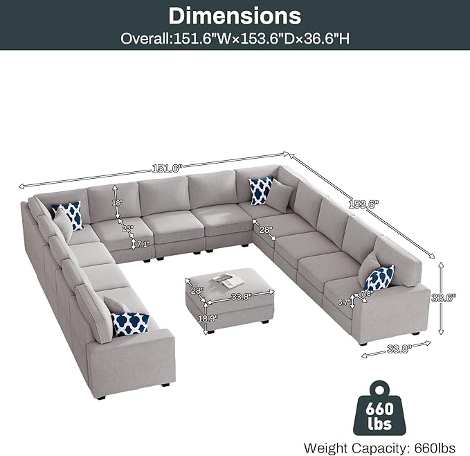 Legend Vansen Oversized Modular Sectional Sofa,U/L‑Shaped Reversible Couch with Ottoman,Deep Seat Plush Polyester Sofa for Living Room,14‑Seater,Light Grey