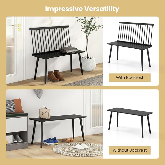 Giantex Dining Bench with Back, Black Windsor Bench with Spindle Back & Anti-Slip Foot Pads, Farmhouse Rubber Wood Dining Bench, Indoor Wooden Entryway Bench for Living Room, Dining Room, Hallway