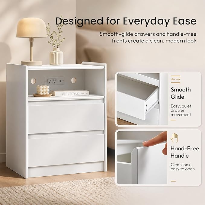24" Tall Nightstand with Charging Station Including USB-C, Modern Bedside Table and Sofa End Table - White, 2 Drawers, 1-Pack
