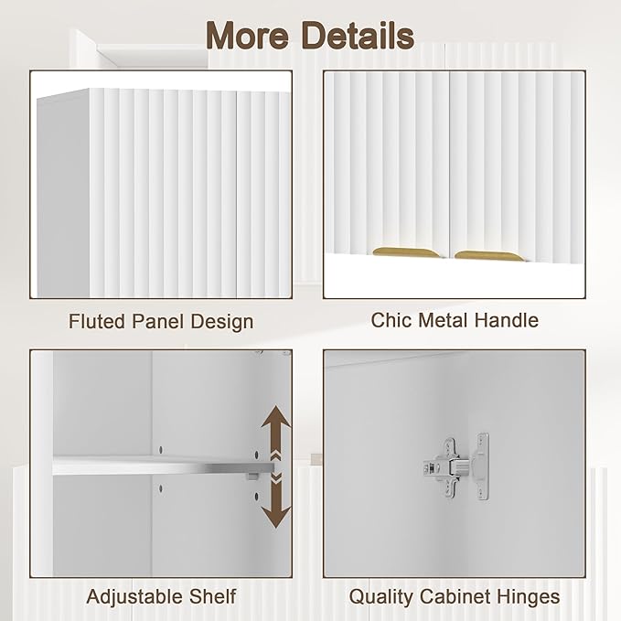 ChooChoo 4 Doors Wall Cabinet Laundry Room, Bathroom Wall Cabinet with Adjustable Shelf, Fluted Wall-Mounted Medicine Cabinet, Storage Cabinet for Kitchen, Garage, White