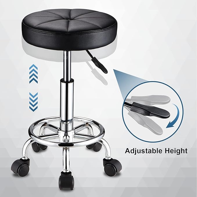 HMTOT Round Rolling Stool with Wheels Height Adjustable Swivel Stool Chair for Spa Salon Massage Black