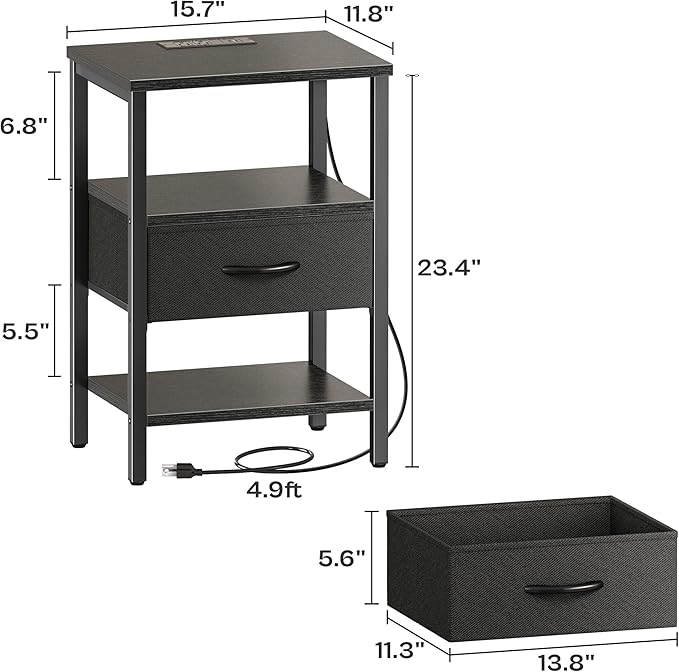 SUPERJARE Nightstand with Charging Station, Bed Side Table with Adjustable Fabric Drawer, Night Stand for Bedroom, 3-Tier Storage End Table, for Living Room, Black