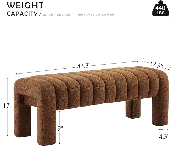 43.3" Bedroom Bench, Upholstered Brown Boucle Ottoman, Modern Tufted Dining Bench with Solid Wood Legs and Adjustable Foot Pegs for Entryway, Dining Room and Living Room (Rust Brown Boucle)