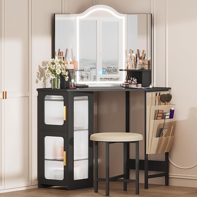 LVSOMT Corner Vanity Desk with Mirror and Lights, Makeup Vanity with Charging Station, Dressing Table with 3 Lighting Options, Vanity Set with Stool, Women’s Vanity for Bedroom, Black