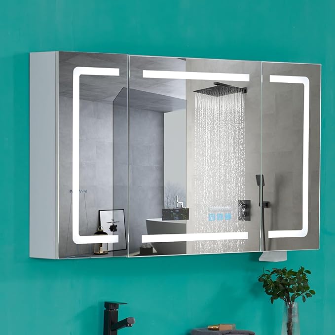 VINGLI LED Lighted Medicine Cabinet with Intelligent Mirror, Bluetooth Speaker, Weather & Temp Display, Anti-Fog, Built-in Outlet & USB, Large 3-Door Bathroom Mirror Cabinet,48 Inch, Need Assembly | LED Lighted
