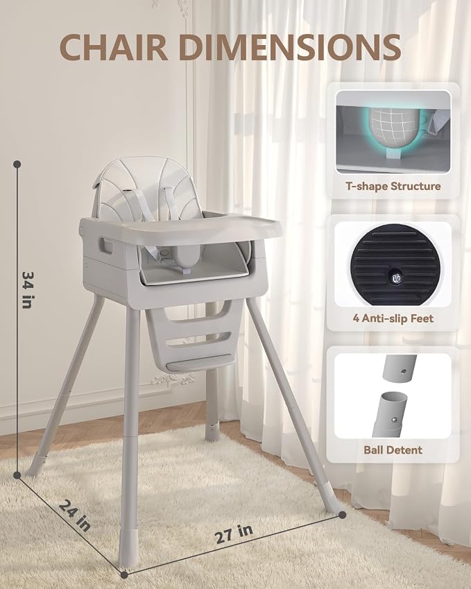 Baby High Chair for 6 Months+, Foldable High Chairs for Babies and Toddlers, Convertible High Chair, Adjustable Tray & Footrest, Portable High Chair & Easy to Clean(Gray)