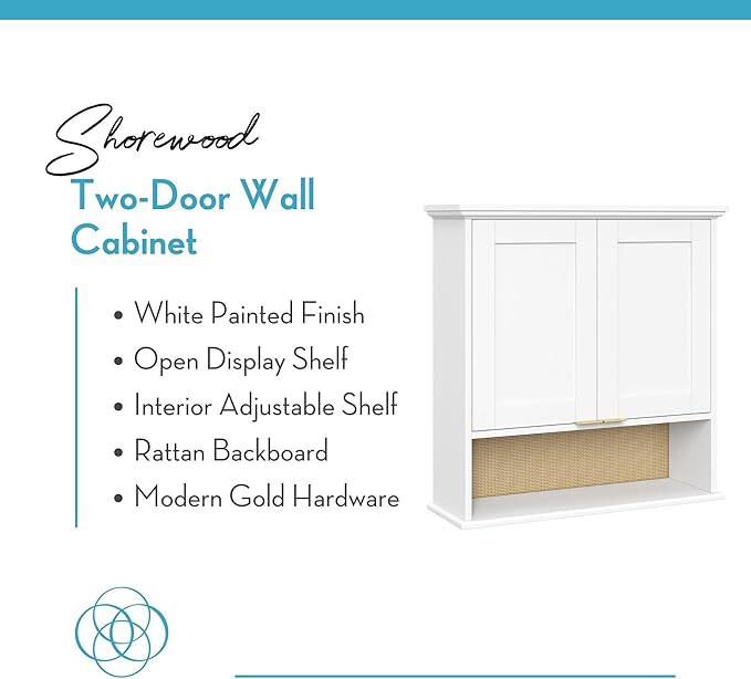 RiverRidge Shorewood Two-Door Bathroom Storage Over the Toilet Wall Medicine Cabinet with Woven Rattan Backboard, Adjustable Shelving, Soft-Close Hinges, Wall-Mounted - White
